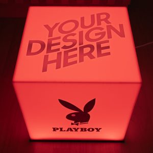 Cubo luminoso LED em acrílico vermelho com faces impressas personalizadas – Kami Studio